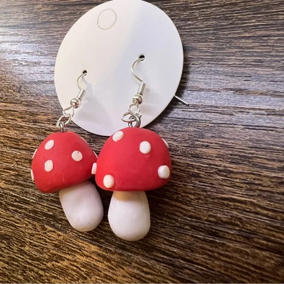 Handmade Red Cap Mushroom Earrings - Picture 5 of 7